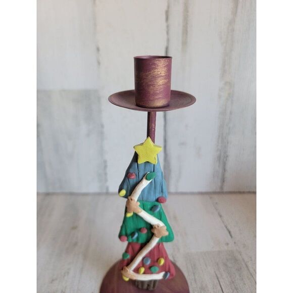 Candlestick holder clay Xmas tree gingerbread men vintage home decor - Picture 3 of 9